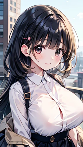  young woman 、smile、cool hairstyle、 blushing、masterpiece、 high definition 、16k、 fresh colored spring clothes depicting the upper body、(Very close:1.5)、Explore the city、( Her costume is dirty :1.5), big chest、 black hair long hair、