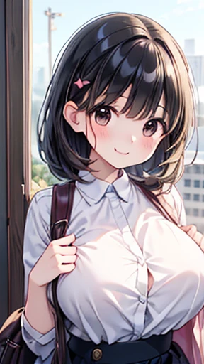  young woman 、smile、cool hairstyle、 blushing、masterpiece、 high definition 、16k、 fresh colored spring clothes depicting the upper body、(Very close:1.5)、Explore the city、( Her costume is dirty :1.5), big chest、 black hair long hair、