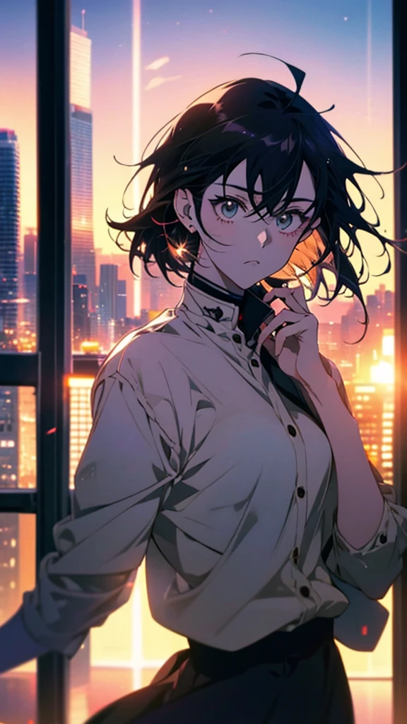 Anime girl talking on cell phone with city in background, Gazing at the Sunset. Anime, ( ( Makoto Shinkai ) ), nezuko-chan, in style of Makoto Shinkai, nezuko, Makoto Shinkai style, style of Makoto Shinkai, Anime style mixed with fujifilm, Reusch |, A few centimetres away from my face