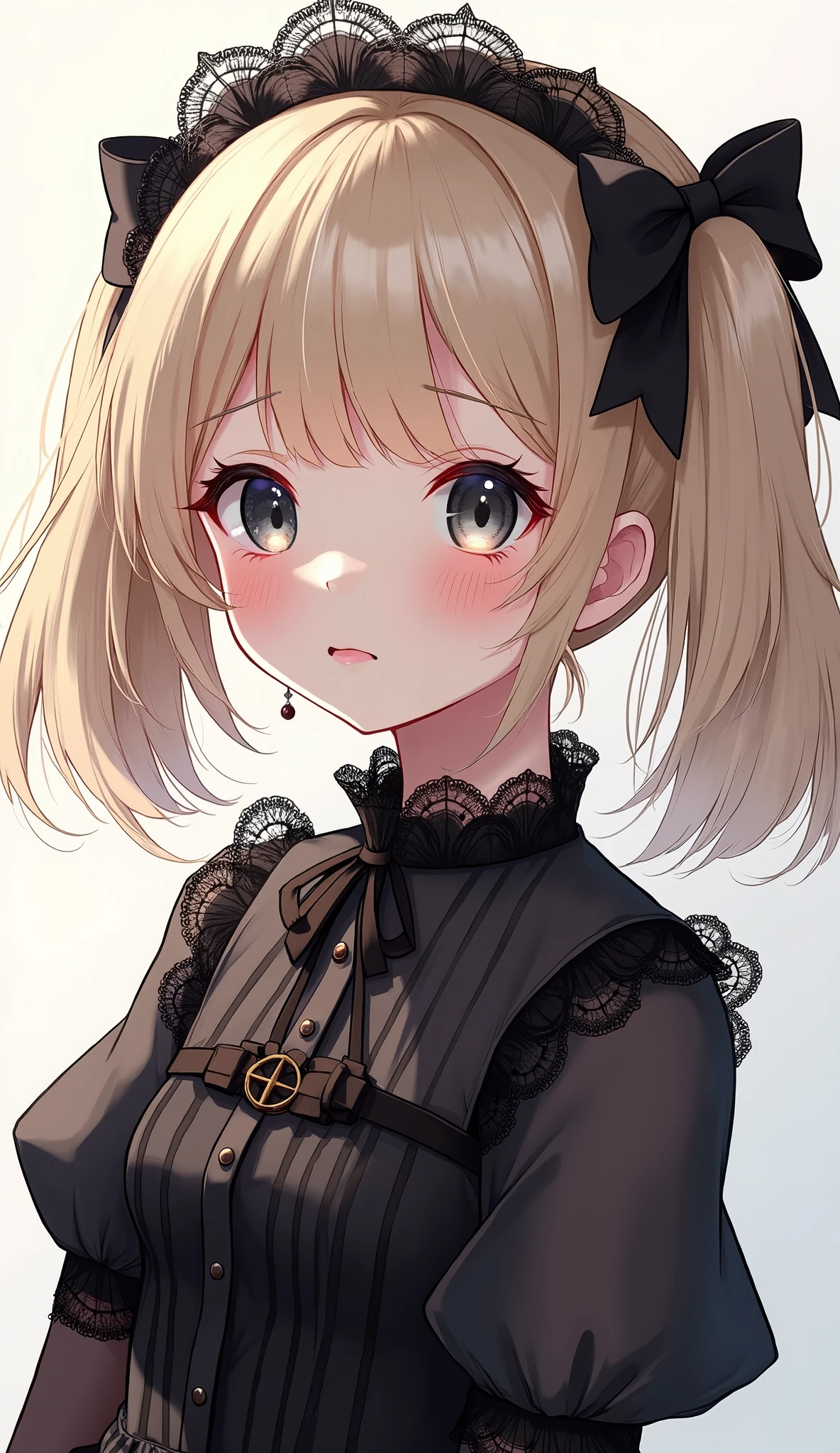 ( best quality、masterpiece、Super detailed、 one girl 、 cute face、Silky Short Blonde、(((  twin tail short hair、)))、 gray eyes、From the knee up、  gothic ****ta fashion  、 Very Detailed Eyes、Small red cheeks and nose、 cute face、