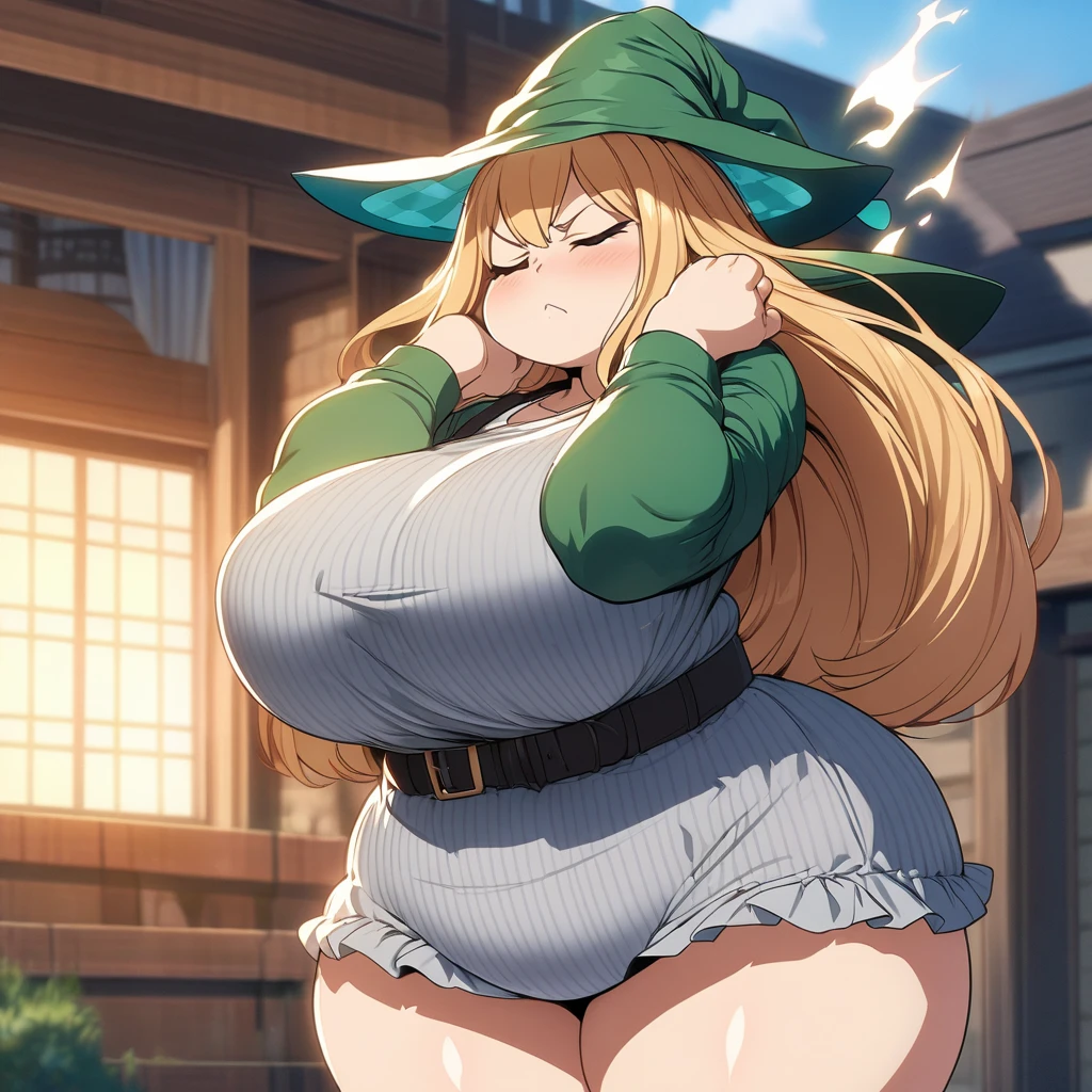 Anime, high detailed, Chubby girl, plump, cute pose, tall, Large breasts, curvy body, closed eyes,  casual clothes, Witch's hat, serious, green fiering aura