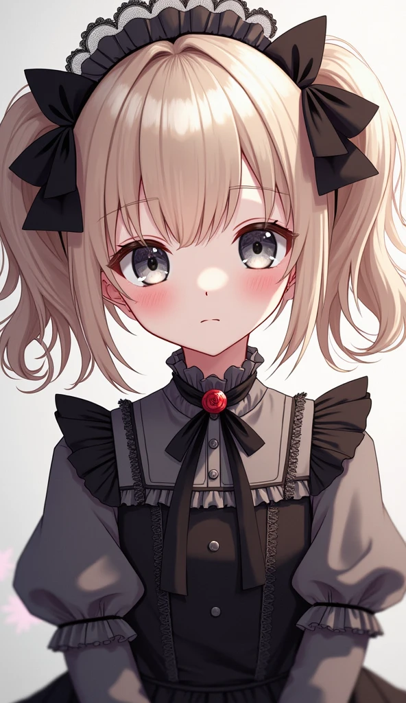 ( best quality、masterpiece、Super detailed、 one girl 、 cute face、Silky Short Blonde、(((  twin tail short hair、)))、 gray eyes、From the knee up、  gothic ****ta fashion  、 Very Detailed Eyes、Small red cheeks and nose、 cute face、