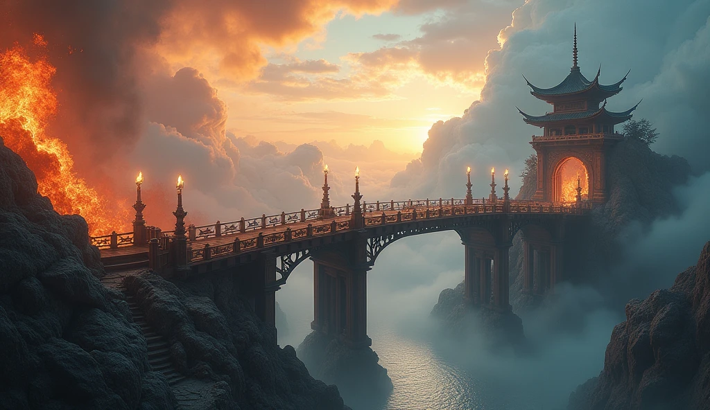 a picture ((a view from the side)), of wooden bridge between hell and heaven, from one side of the bridge inferno of hell and fire, from the other side of the bridge, celestial calm, heavenly clouds,  there is a river under the bridge, mist rising from the river, masking part of the bridge, a female angel stand guard,  best details, best quality, highres, 16k, (ultra detailed: 1.5), masterpiece, best quality, (extremely detailed) RAW, (ultra details, Masterpiece, best quality), 