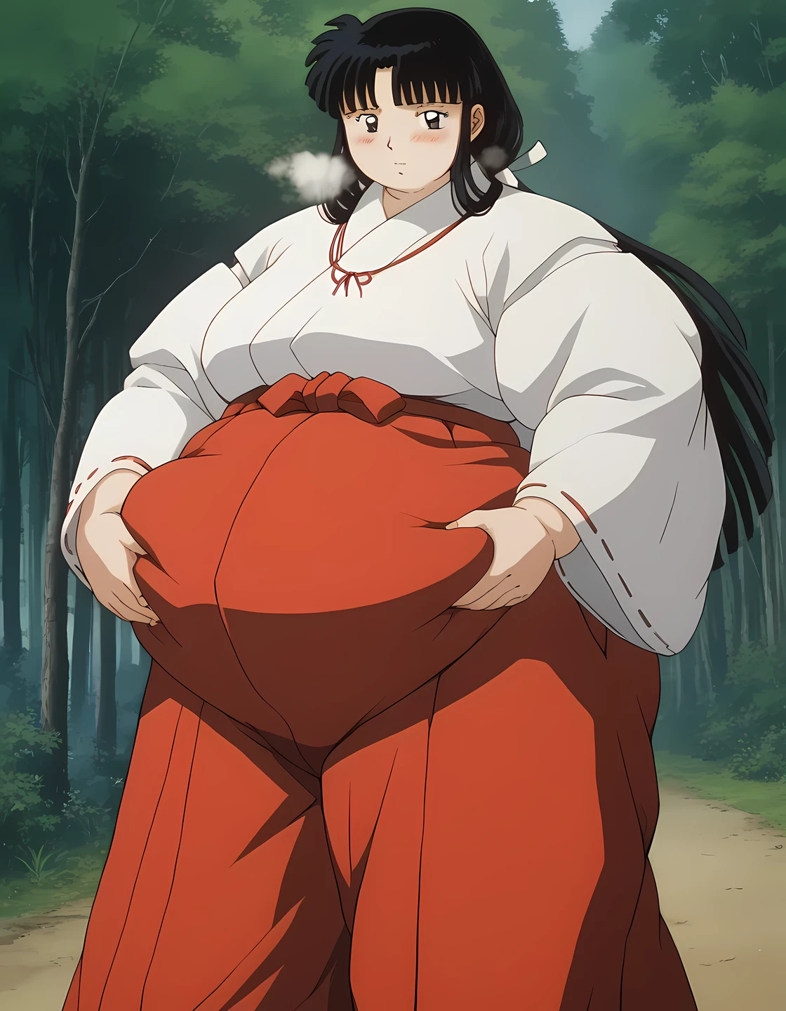 score_9, score_8_up, score_7_up, source_anime,
Kikyou, long hair, black hair, retro artstyle, black eyes, blush,
 skirt, long sleeves, japanese clothes, hakama, hakama skirt, miko, red hakama, 
outdoors, forest, nature,
looking at viewer,  fat, chubby, obese, gigantic arms and legs,   perfect quality, detailed face, walking, out of breath, grabbing belly