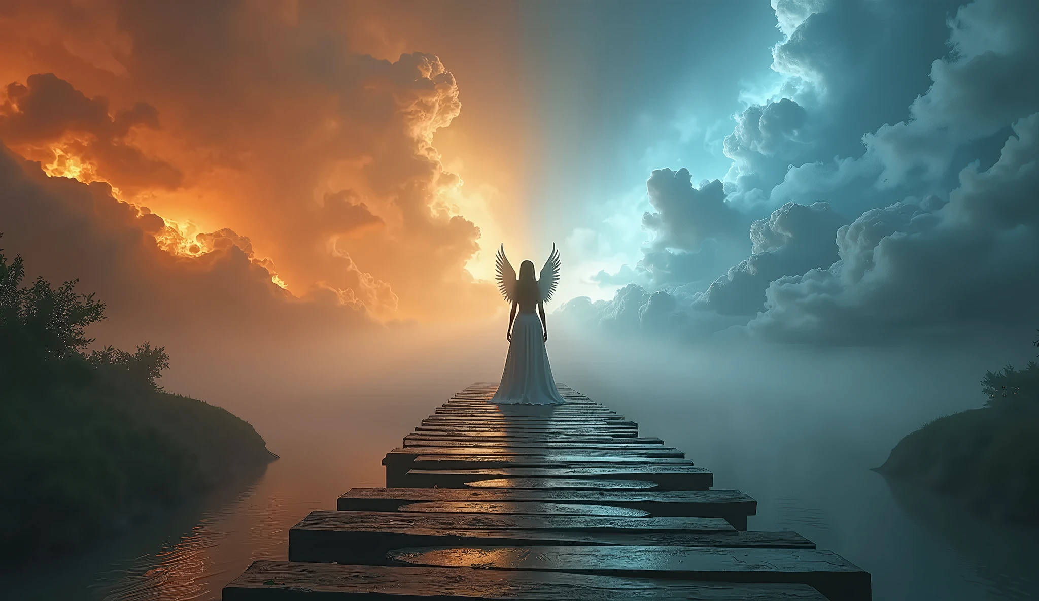 a picture ((a view from the side)), of wooden bridge between hell and heaven, from one side of the bridge inferno of hell and fire, from the other side of the bridge, celestial calm, heavenly clouds,  there is a river under the bridge, mist rising from the river, masking part of the bridge, a female angel stand guard,  best details, best quality, highres, 16k, (ultra detailed: 1.5), masterpiece, best quality, (extremely detailed) RAW, (ultra details, Masterpiece, best quality), 