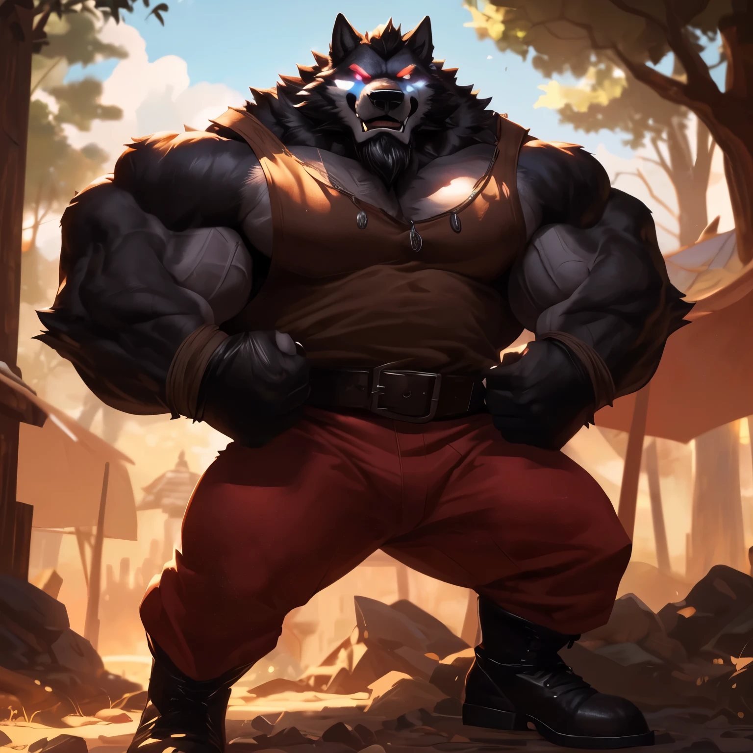 cartoon style, an alone anthropomorphic badass wolf (realistic, detailed, american shot, aesthetic physique, aesthetic proportions, well-built body, muscle mountain, 1.6 meters tall, small, very oversized chest, very oversized arms, extremely broad shoulders, black hair, black body, wolf head (wolf head, black thick full mustache, black thick trimmed full beard, black thick short hair, bright white glowing eyes, black fur) black fur, wears medieval sleeveless clothe, wears a medieval peasant pant, wears medieval black boots, fighting position) standing in fighting position, his upperbodyis growing, in a futuristic village in the forest.