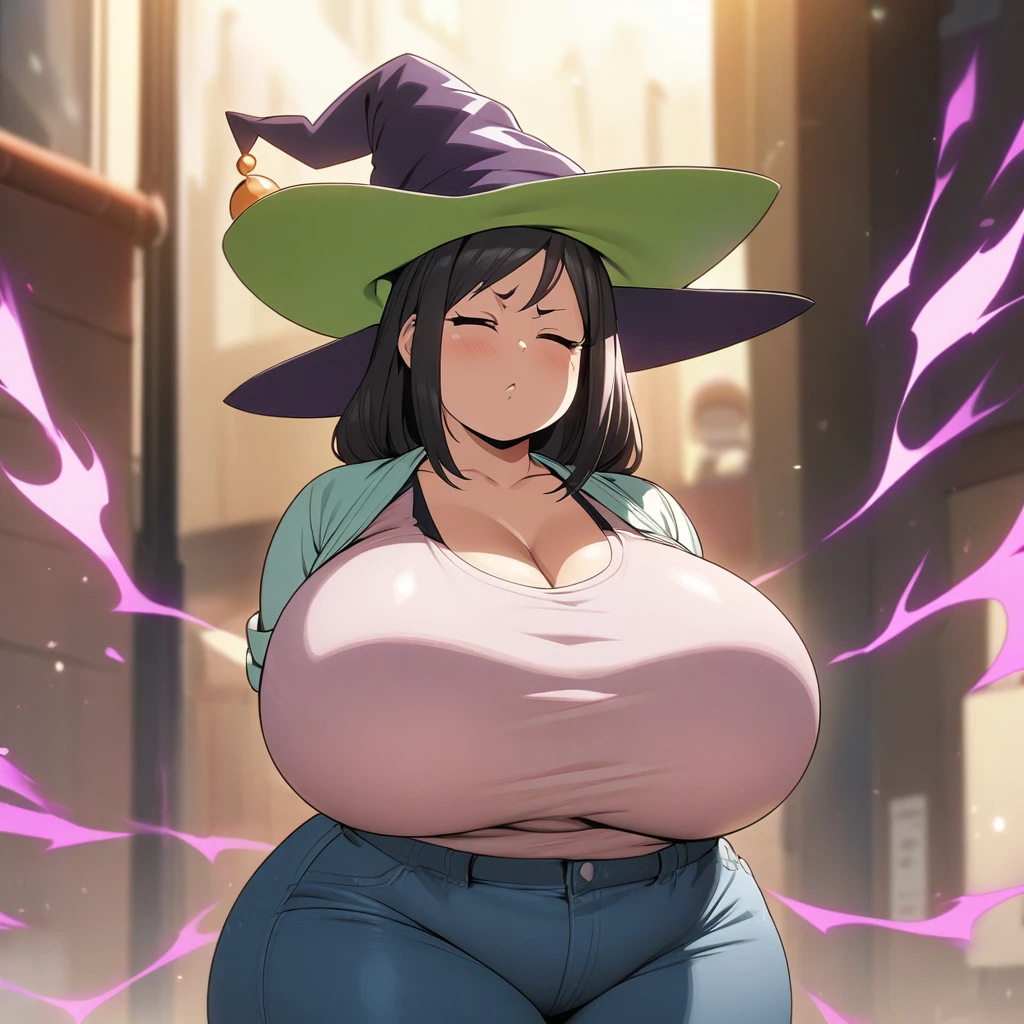 Anime, high detailed, Chubby girl, plump, cute pose, tall, Large breasts, curvy body, closed eyes,  casual clothes, Witch's hat, serious, green fiering aura