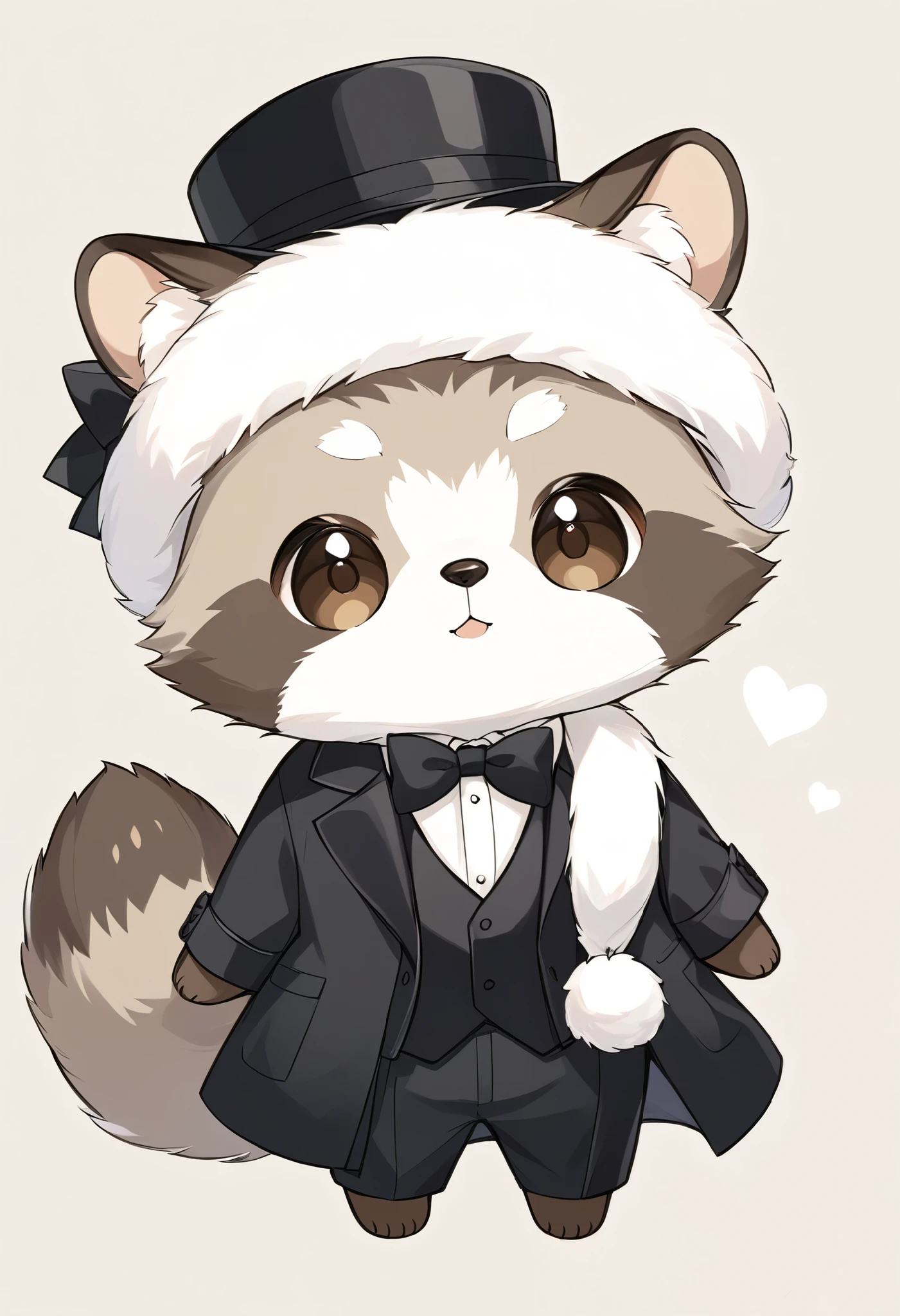  
 pale shade、Light line drawing、手品をするraccoon dog、 wears a black tuxedo and hat、raccoon dog、 fluffy coat、cute