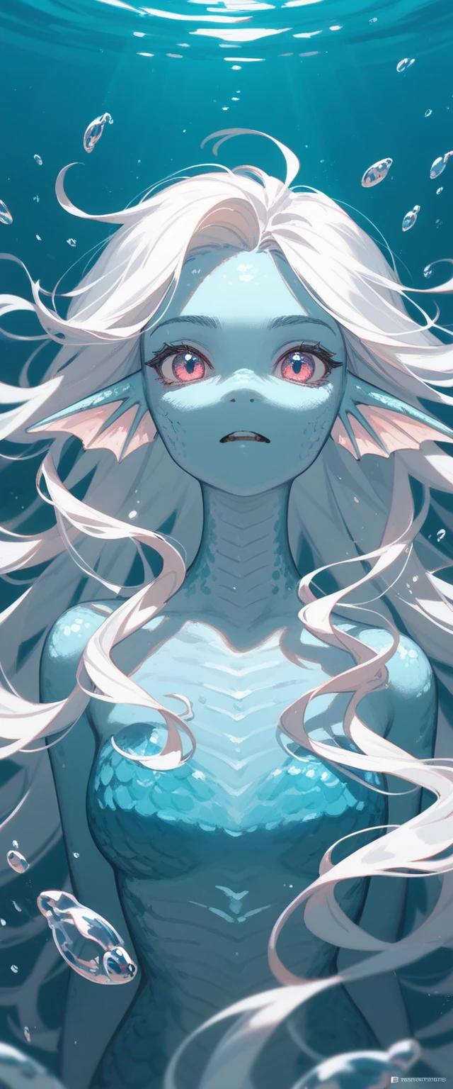 Merman, dull color, deep sea, long hair, boy, cute face, white skin, white hair, red eyes, angelic, eyes, mysterious, feather, blood, Innocence in the dark, dark tone image, mermaid tail, full body