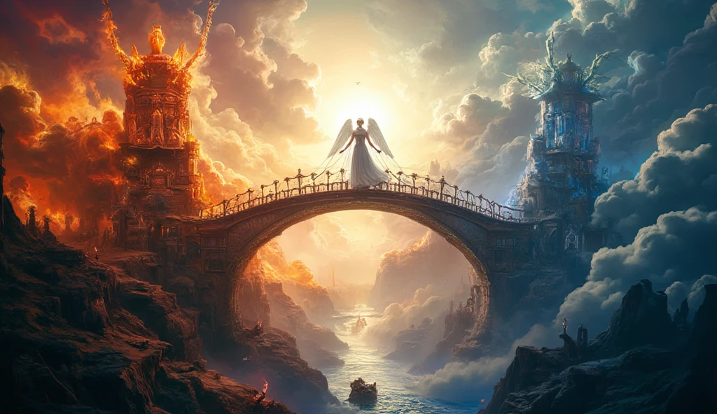 a picture ((a view from the side)), of wooden bridge between hell and heaven, from one side of the bridge inferno of hell and fire, from the other side of the bridge, celestial calm, heavenly clouds,  there is a river under the bridge, mist rising from the river, masking part of the bridge, a female angel stand guard,  best details, best quality, highres, 16k, (ultra detailed: 1.5), masterpiece, best quality, (extremely detailed) RAW, (ultra details, Masterpiece, best quality), 