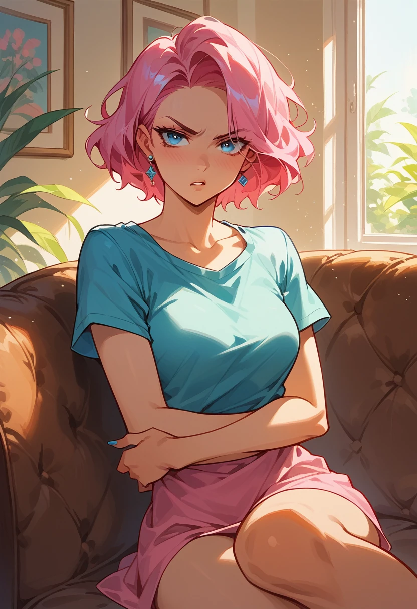 score_9,score_8_up,score_7_up,1girl,solo,beautiful,blue eyes,pink hair,crossing arms, looking at viewer,living room,sitting on couch,annoyed expression,parted lips,aegyo sal