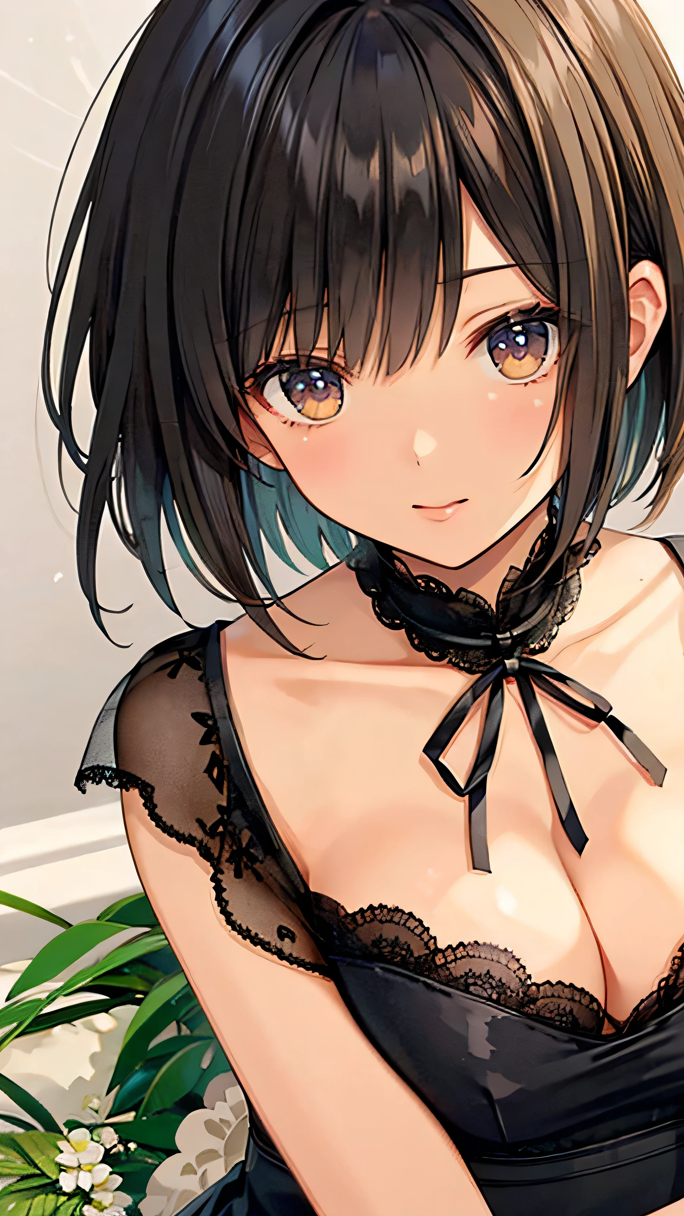 (masterpiece, Best Quality,  OFFICIAL ART:1.2),  one woman, plain background ,  super precise illustration, highly  Details,  Dynamic Angle, beautiful  Details, 8k, (Best Quality, masterpiece,  Hi-Res,  Details),  Anime Style , (beautiful details,  beautiful lip details , Very detailed eyes and face), smooth brushstrokes, Black Hair,  dynamic angle, (( vintage, plain background ),  in a gorgeous dress 