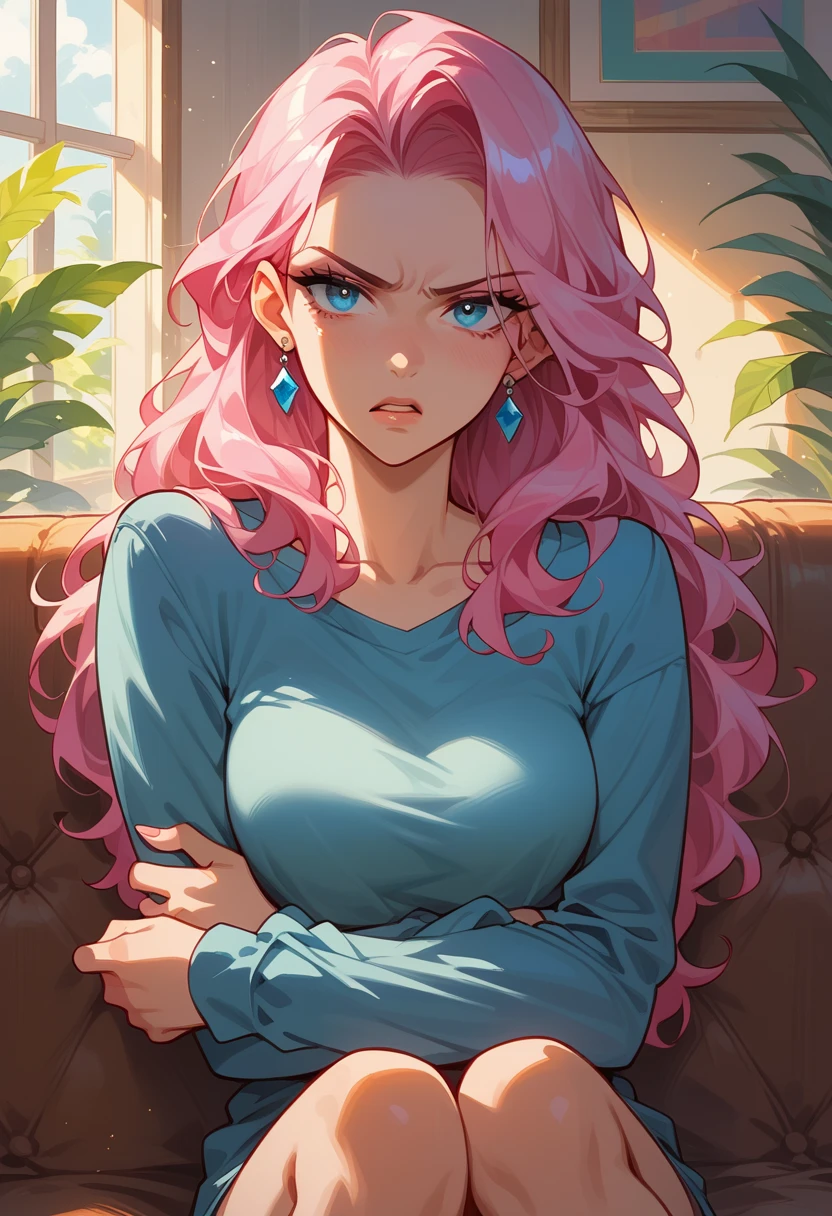 score_9,score_8_up,score_7_up,1girl,solo,beautiful,blue eyes,pink hair,crossing arms, looking at viewer,living room,sitting on couch,annoyed expression,parted lips,aegyo sal