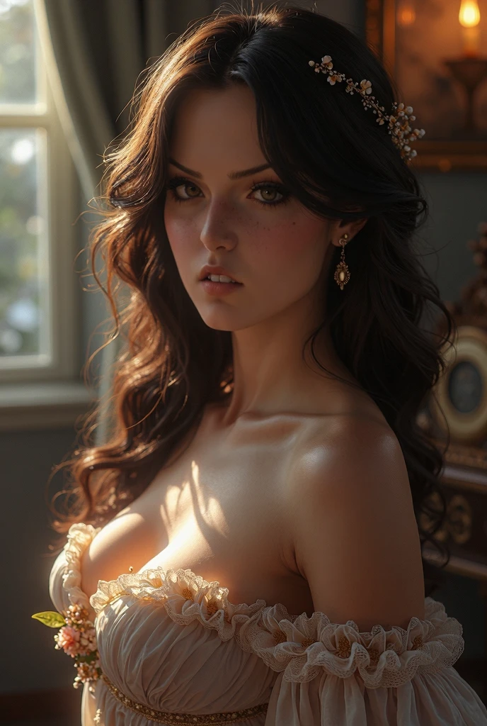 Create an almost realistic image of an extremly pretty princess with a fair skin, tall wavy dark brown hair and bright green eyes. Tge princess is pretty but also fierce. She is sitting on a throne and wearing a crown 