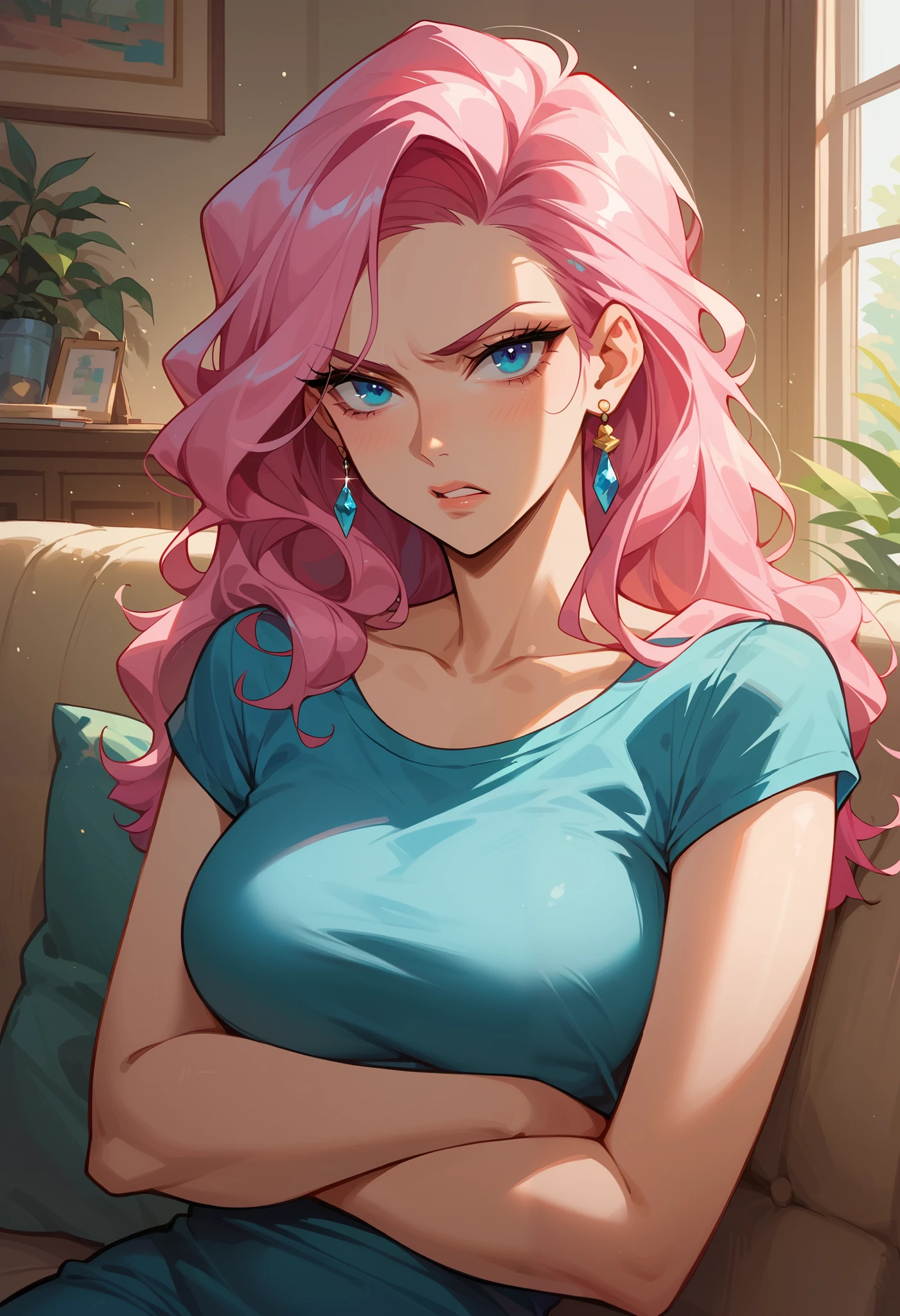 score_9,score_8_up,score_7_up,1girl,solo,beautiful,blue eyes,pink hair,crossing arms, looking at viewer,living room,sitting on couch,annoyed expression,parted lips,aegyo sal