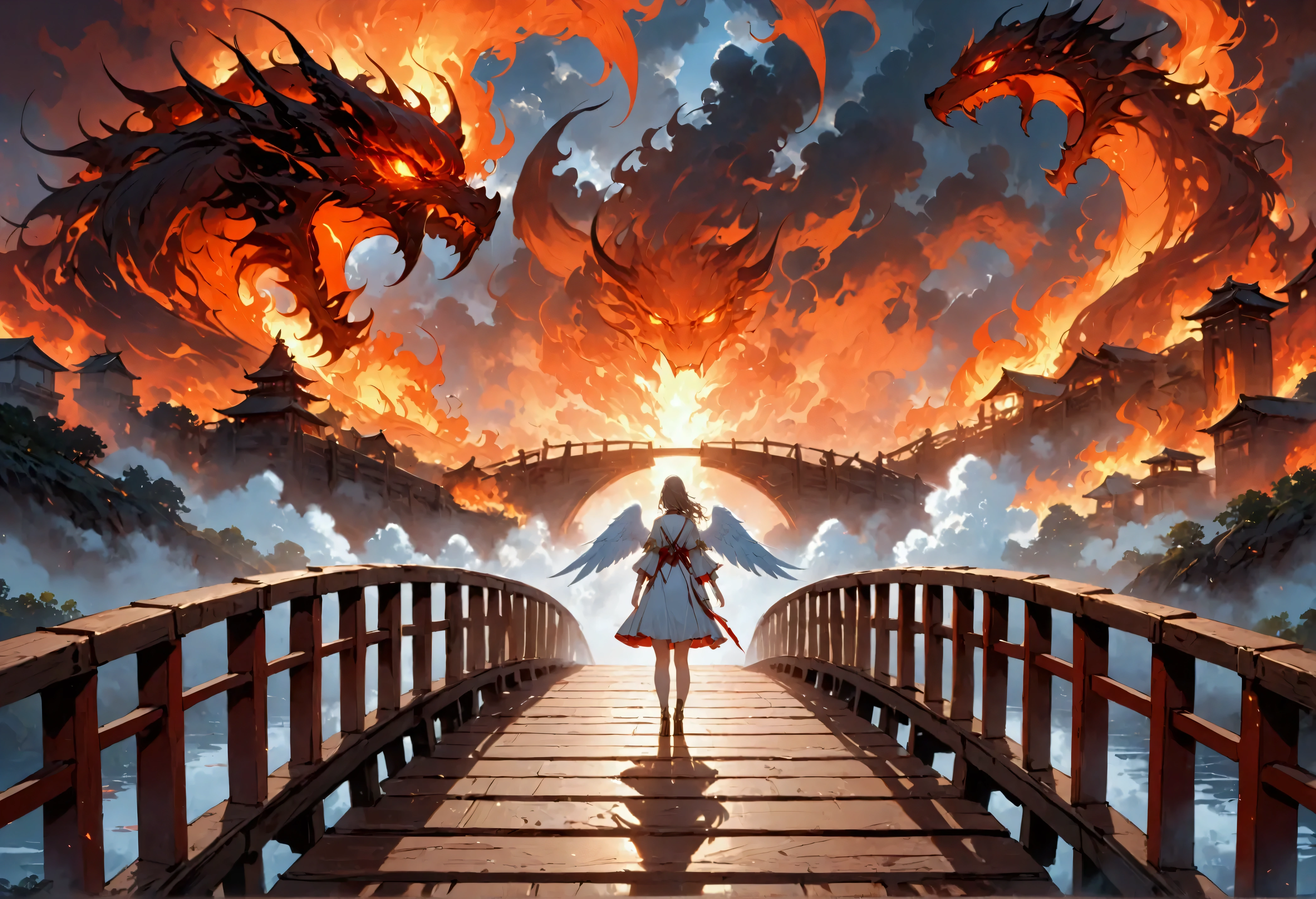 a picture ((a view from the side)), of wooden bridge between hell and heaven, from one side of the bridge inferno of hell and fire, from the other side of the bridge, celestial calm, heavenly clouds,  there is a river under the bridge, mist rising from the river, masking part of the bridge, a female angel stand guard,  best details, best quality, highres, 16k, (ultra detailed: 1.5), masterpiece, best quality, (extremely detailed) RAW, (ultra details, Masterpiece, best quality), 