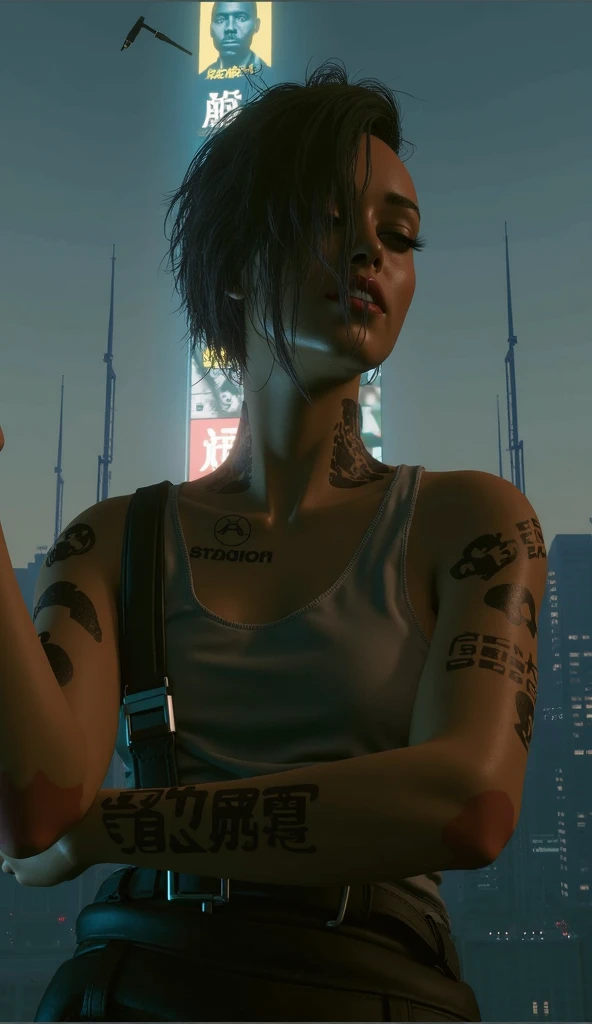 a woman with tattoos and a top is standing in a city, in a cyberpunk setting, cyberpunk photo, cyberpunk vibes, cyberpunk girl, hyper-realistic cyberpunk style, cyberpunk 2 0 y. o model girl, cyberpunk aesthetics, in cyberpunk city, female cyberpunk, more and more cyberpunk, in a cyberpunk city, cyberpunk vibe, cyberpunk women, cyberpunk beautiful girl