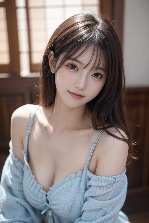  Realistic Photo Quality 、A Japanese model in a blue dress is posing for a photo, realistic  young gravure idol  ,  young cute gravure idol ,  young gravure idol  ,  young sensual gravure idol ,  young skinny gravure idol ,  looking at the camera、Detailed and beautiful eyes、 cute smile、Relaxed, soft, and gentle expression 