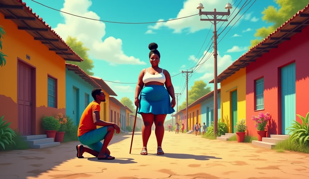 une femme noir africaine afro sexy en jeans bleu aux cheveux longs debout dans une rue repousse de la main un homme noir, l homme est en face d elle de dos, l homme est furieux