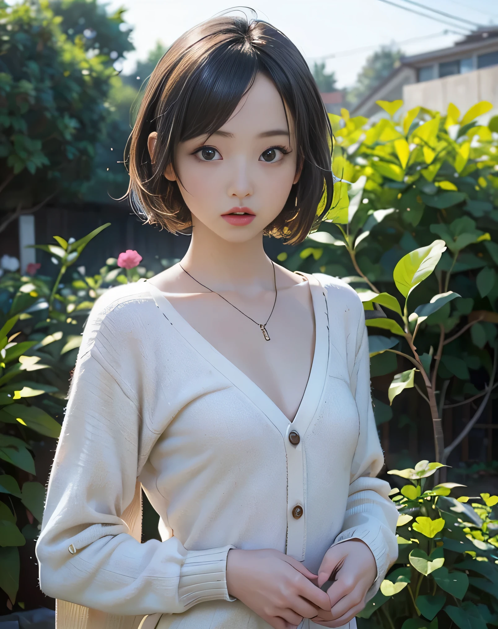 (Realistic:2.0),(High resolution:1.5),(1girl:1.5),(solo:1.5),(ager:1.3),(young:1.3),(looking at the viewer),Small face,(Flat chest:1.7),short bob hair,bangs:1.2,(large eyes),(Realistic eyes),cardigan,(outdoor:1.2),Simple Necklace,