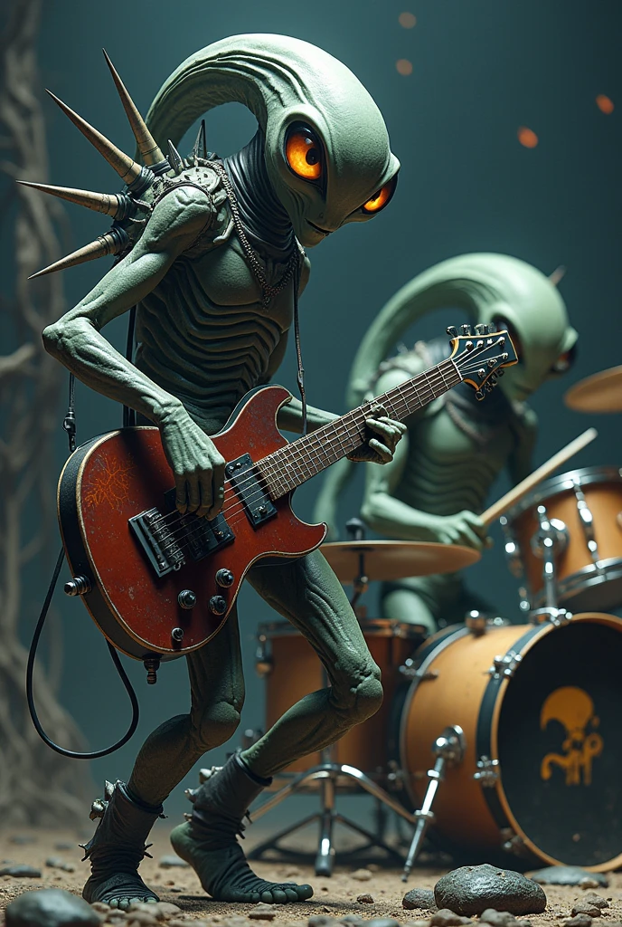 Punk band ,An alien and a woman with glasses in a room