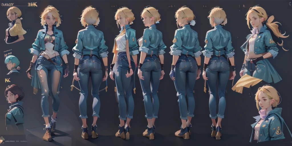 character concept model sheet, cute girl, tight fit clothes,short jacket, Beauty, Shirt Lift, Slim Body, fingerless glove, Multiple views of the same character in the same outfit,masterpiece, best quality, official art, album art, very elaborate CG Unity 8K wallpaper, super high resolution,(colorful)