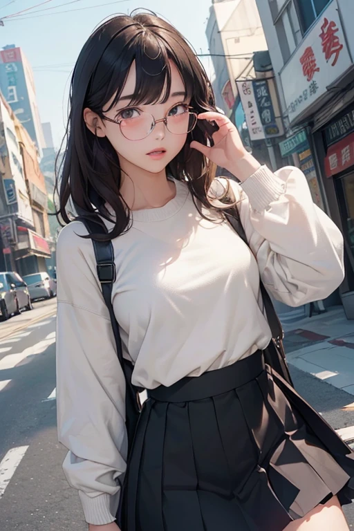 (( best quality)), ((傑 best quality、masterpiece、High sensitivity、 high definition 、詳細な描写、 Delicate Facial Description)), Slender woman、Glasses、 jumper skirt、Strong winds、Hair gets messy、 turn your skirt over 、Hold down skirt with hands、