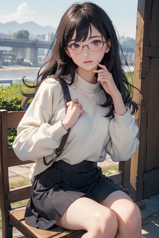 (( best quality)), ((傑 best quality、masterpiece、High sensitivity、 high definition 、詳細な描写、 Delicate Facial Description)), Slender woman、Glasses、 jumper skirt、Strong winds、Hair gets messy、 turn your skirt over 、Hold down skirt with hands、