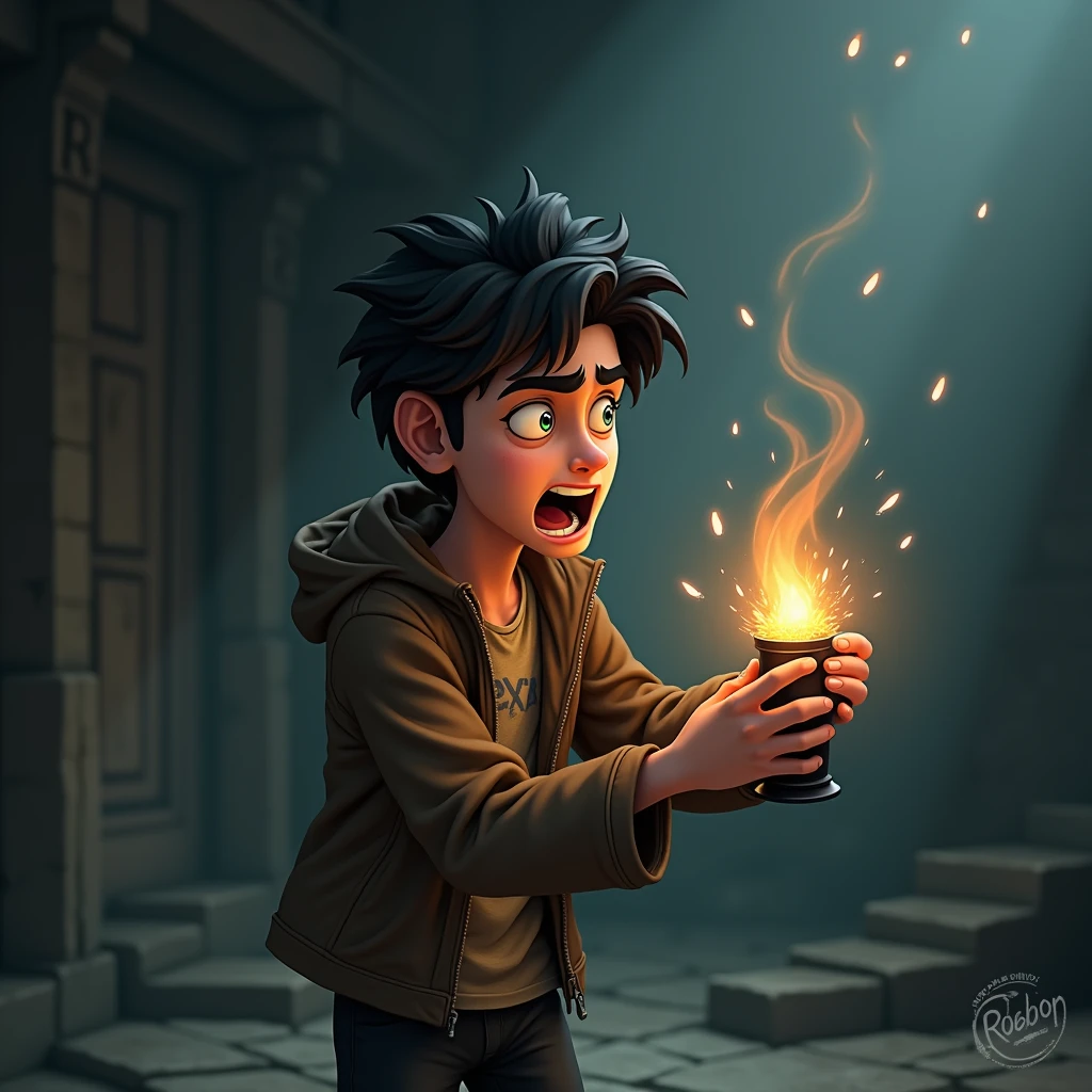 A boy with a explosion container and he shocked and his is smart