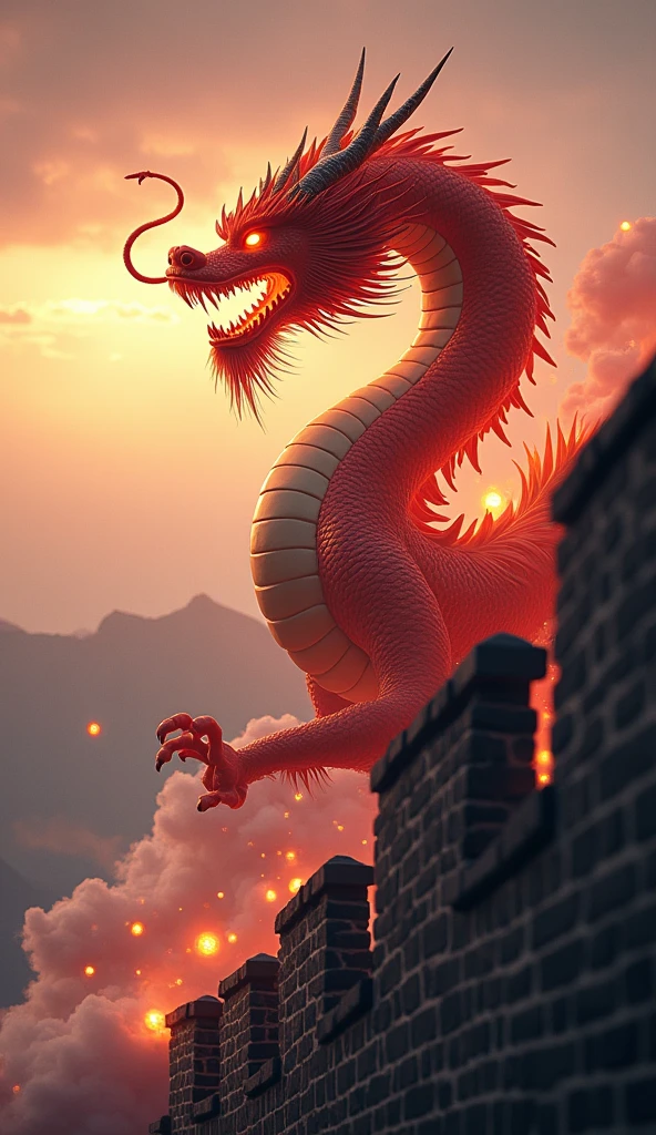 "Create a massive creature inspired by Chinese dragons, standing along the Great Wall of China. Its muscular body is covered in shimmering red and gold scales, with whiskers glowing like lanterns in the twilight. Clouds swirl around its horns, and its serpent-like tail coils protectively around the Wall. The creature’s fiery breath lights up the dusk, symbolizing both strength and heritage