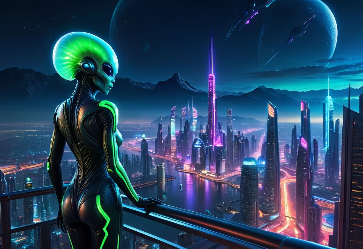 (best quality,4k,8k,highres,masterpiece:1.2),ultra-detailed,(realistic,photorealistic,photo-realistic:1.37),alien landscape,beautiful alien standing on a balcony,overlooking the futuristic alien city,futuristic buildings and glowing lights [sci-fi],vibrant colors,shining neon lights,towering skyscrapers,ethereal atmosphere,otherworldly feeling