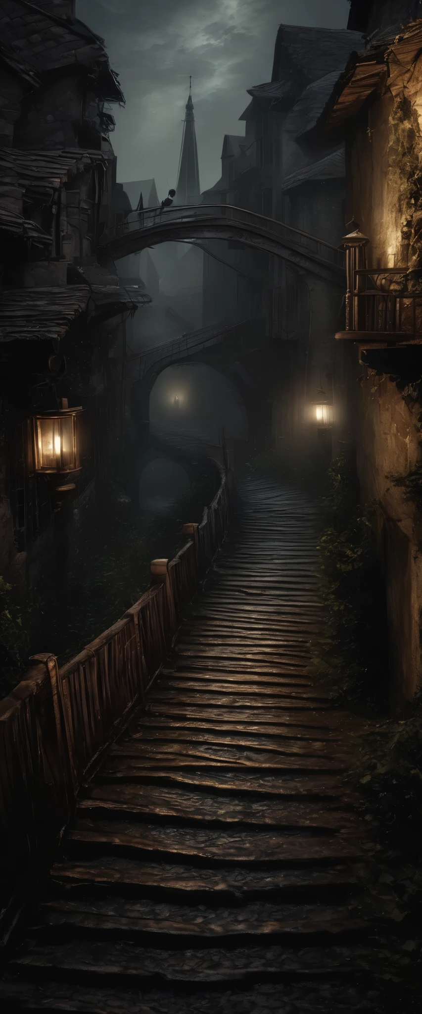 plano general,  dark and mysterious wooden bridge surrounded by a fog :1.5 ,  at the end of the bridge there are stairs that lead to a dark alley  ,Gloomy, wet, darkness, Luz outfit,medieval times  , Gothic art, Action painting, hyperrealism, chiaroscuro, profundidad de campo,  cinematic lighting , U High Definition , Retina,  masterpiece, necessary,  ,  old school ,  super detail ,  tall details ,  lyrics , Winner Award  ,  Best quality , highres, 1080P,  High Definition , 16K, eznegativxl  ,  Locals avoid a narrow alley in the oldest part of the city . ,  who whisper about a shadow figure that stalks the cobblestone streets at night  .  Those who have crossed paths with this entity report that they feel an overwhelming sense of dread and hear whispers that seem to come from nowhere.