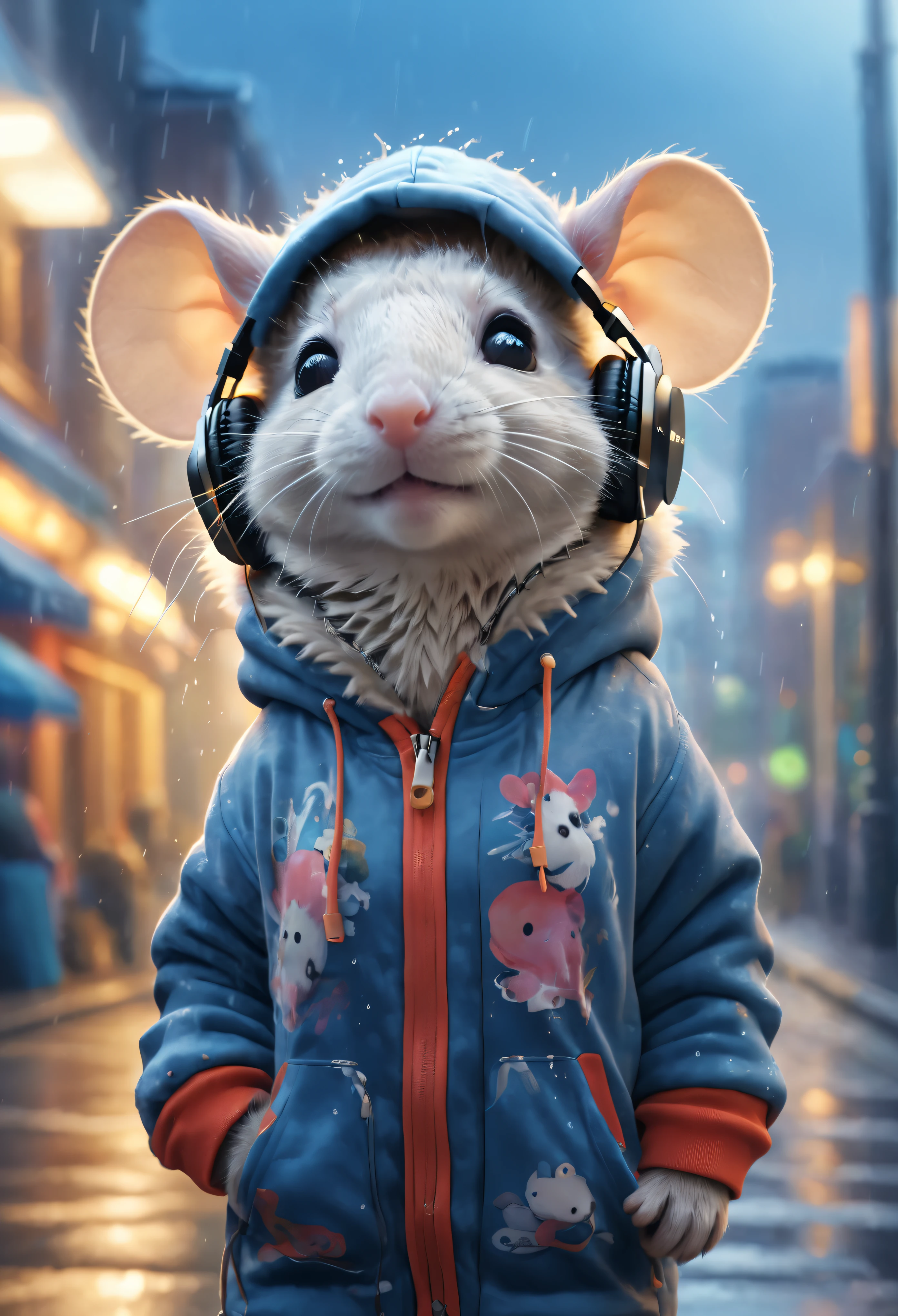 1 、 stylish little rat in urban style,  hoodie with fluffy fur and headphones , The background is modern and inorganic ,  cute digital paint ,  3D rendering ,  bright lighting,  bright color ,   It's raining outside 