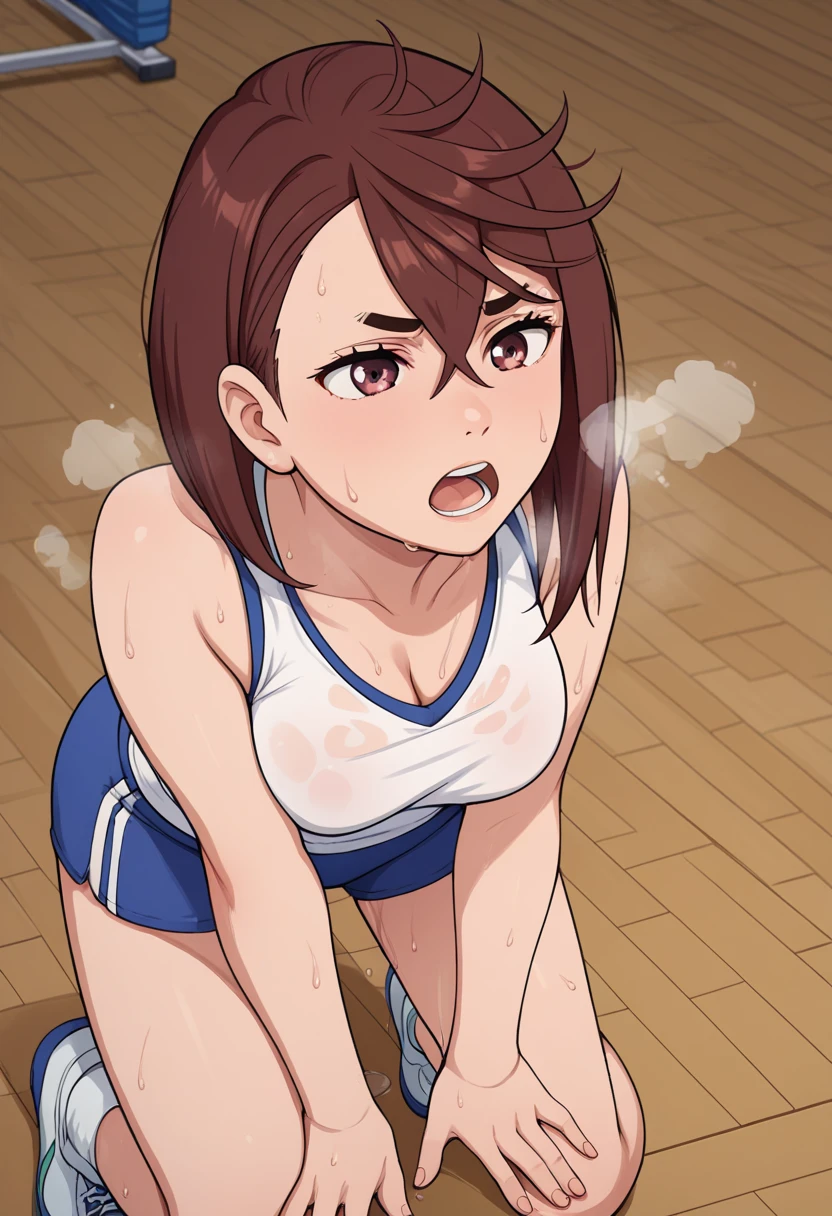 solo, 1girl, , hazuki katou,sports bra,panties.my room, , ((blush,sweating)),socks,looking viewer ,grin