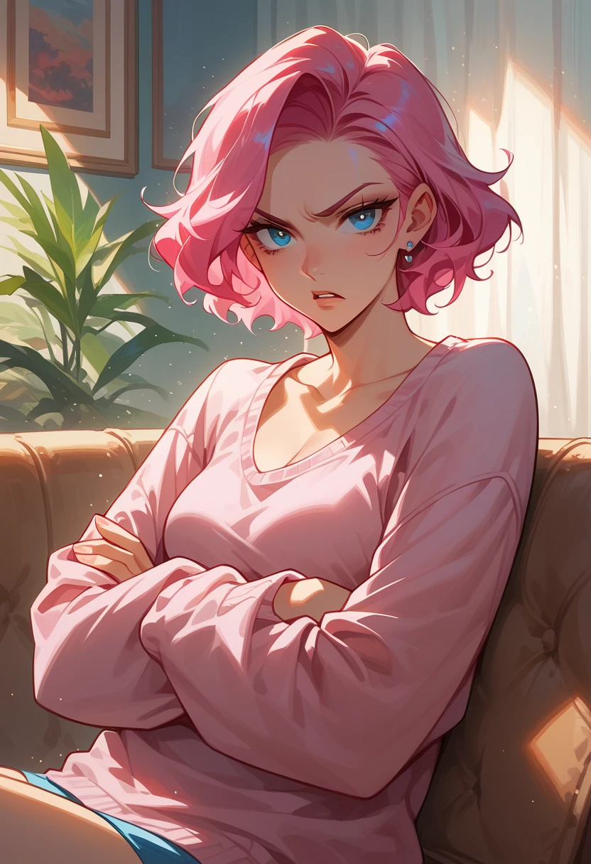 score_9,score_8_up,score_7_up,1girl,solo,beautiful,blue eyes,pink hair,crossing arms, looking at viewer,living room,sitting on couch,annoyed expression,parted lips,aegyo sal