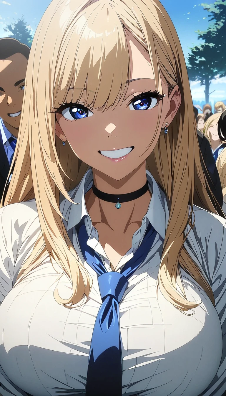 ( best quality:1.2,  anime artwork,  several people having fun with each other while having very detailed ,  high detail, Digital coloring,  high contrast, masterpiece:1.2,  best quality,  best aesthetics ), (((Kitagawa Marin,  1 girl))),  blond hair, Straight hair ,  Pink Gradient Hair, red eyes,  earrings for a woman alone,  white shirt,  black choker ,  blue tie ,  check skirt, Green, smile,  standing ,  COWBOY SHOOTING , Outdoor,Big Breasts、 holding a bag peace sign near his face、Two fingers