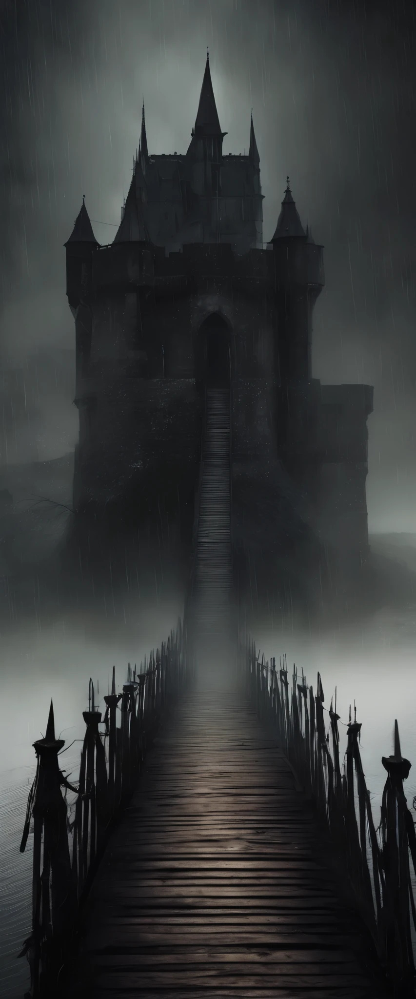 plano general,  dark and mysterious wooden bridge surrounded by a fog :1.5 ,  at the end of the bridge there is a castle from the medieval period ,Gloomy, wet, darkness, Luz outfit, Medieval times  , Gothic art, Action painting, hyperrealism, chiaroscuro, profundidad de campo,  cinematic lighting , U High Definition , Retina,  masterpiece, necessary,  ,  old school ,  super detail ,  tall details ,  lyrics , Winner Award  ,  Best quality , highres, 1080P,  High Definition , 16K, eznegativxl  ,  Locals avoid a narrow alley in the oldest part of the city . ,  who whisper about a shadow figure that stalks the cobblestone streets at night  .  Those who have crossed paths with this entity report that they feel an overwhelming sense of dread and hear whispers that seem to come from nowhere.