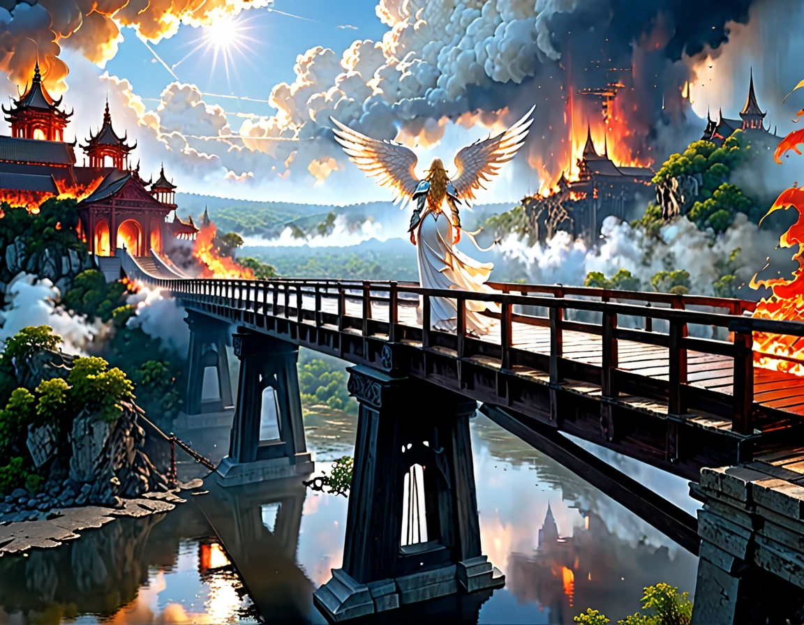 a picture ((a view from the side)), of wooden bridge between hell and heaven, from one side of the bridge inferno of hell and fire, from the other side of the bridge, celestial calm, heavenly clouds,  there is a river under the bridge, mist rising from the river, masking part of the bridge, a female angel stand guard,  best details, best quality, highres, 16k, (ultra detailed: 1.5), masterpiece, best quality, (extremely detailed) RAW, (ultra details, Masterpiece, best quality), 