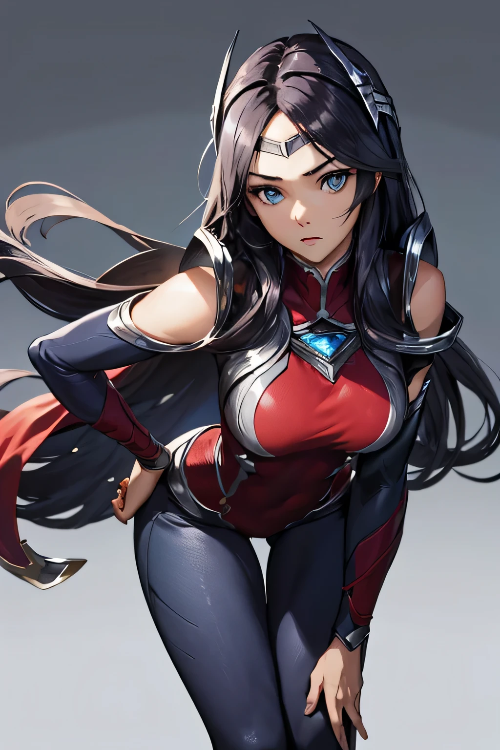 (masterpiece),  Top Quality , expressive eyes ,   perfect face  ,  high resolution, 1 woman, Alone,  Irelia , bodysuit,  bare shoulder,  Forehead Protector , headdress, armor, (Leaning forward),  standing , portrait, Looking at viewer ,