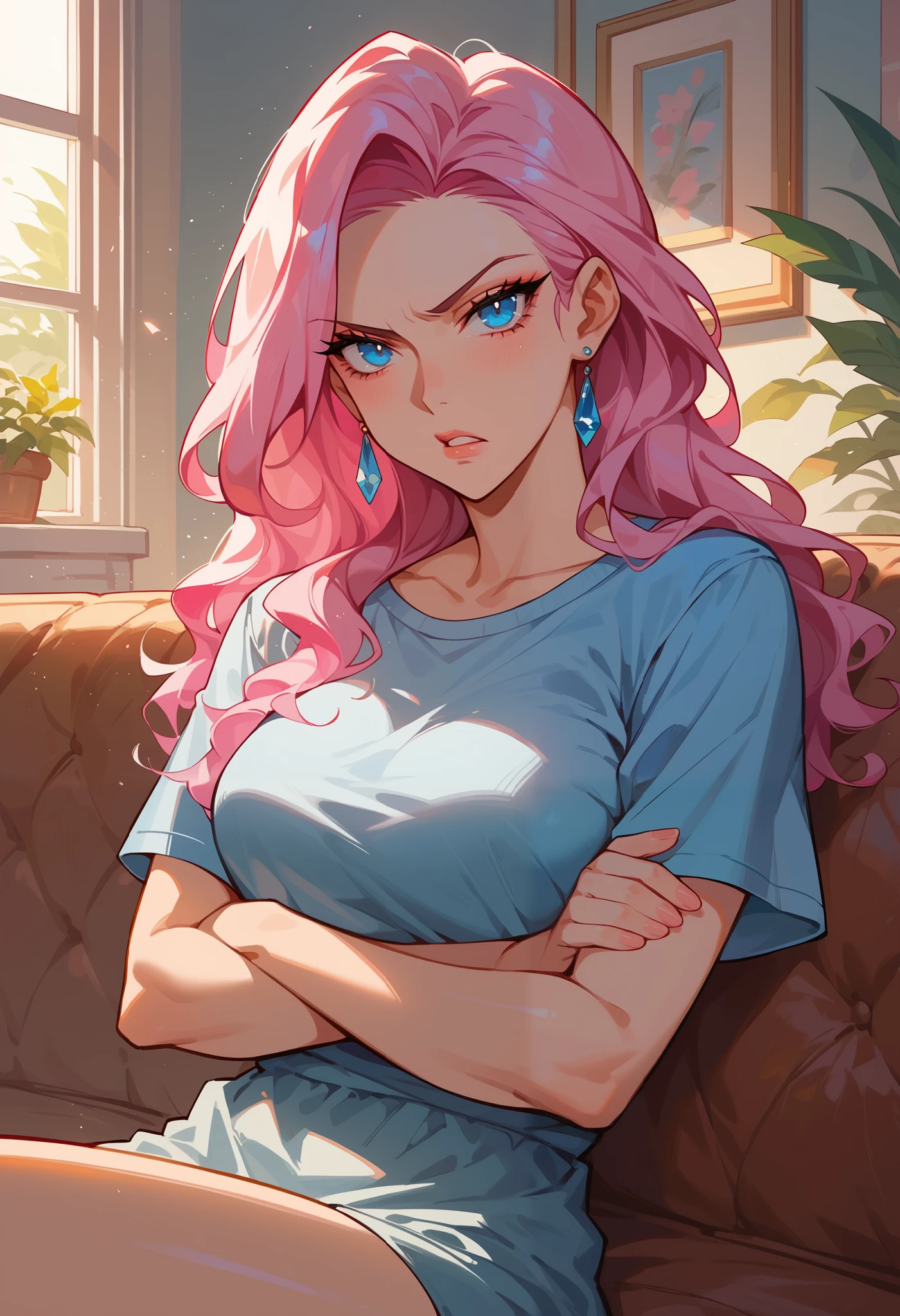 score_9,score_8_up,score_7_up,1girl,solo,beautiful,blue eyes,pink hair,crossing arms, looking at viewer,living room,sitting on couch,annoyed expression,parted lips,aegyo sal