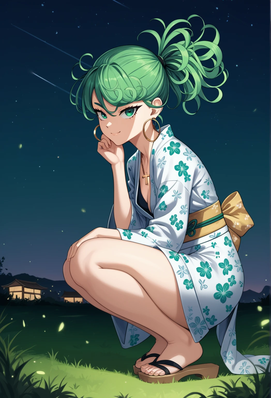 tatsumaki,green hair,curly hair,green eyes, long hair,small breast , Ponytail,
, earrings,hoop earrings,cross necklace,jewelry,poese, High Resolution, Masterpiece, High Quality, Bangs, Hair Over One Eye,  night, grass, squatting, yukata, japanese clothes, floral print, from side, smile, looking at viewer, sandals, closed mouth, cleavage