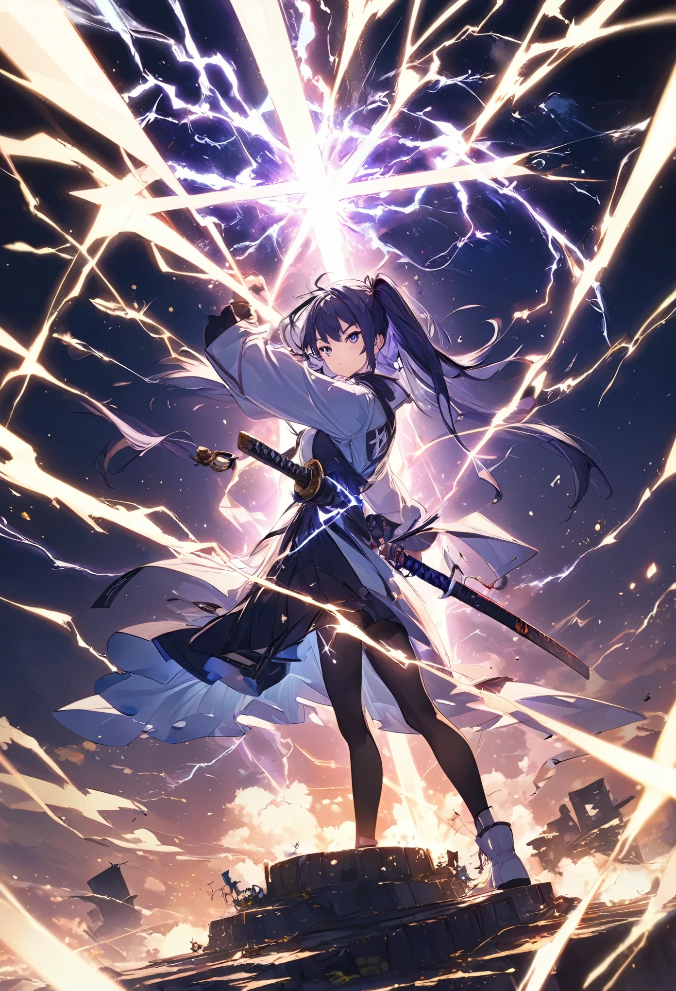 An anime illustration of a huge "X" logo being cut into pieces by a large KATANA that emits electricity. Intense electricity emission effect. dynamic angle, masterpiece, best quality, extremely detailed CG unity 8k wallpaper,