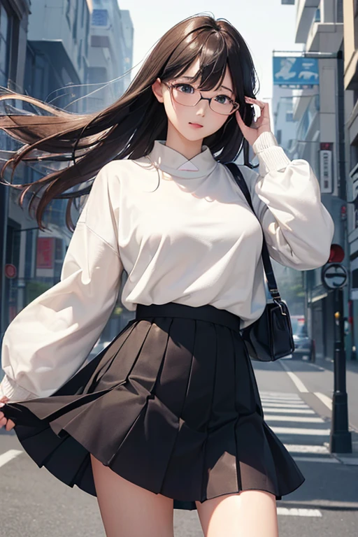 (( best quality)), ((傑 best quality、masterpiece、High sensitivity、 high definition 、詳細な描写、 Delicate Facial Description)), Slender woman、Glasses、 jumper skirt、A strong wind is blowing、Hair gets messy、 turn your skirt over 、