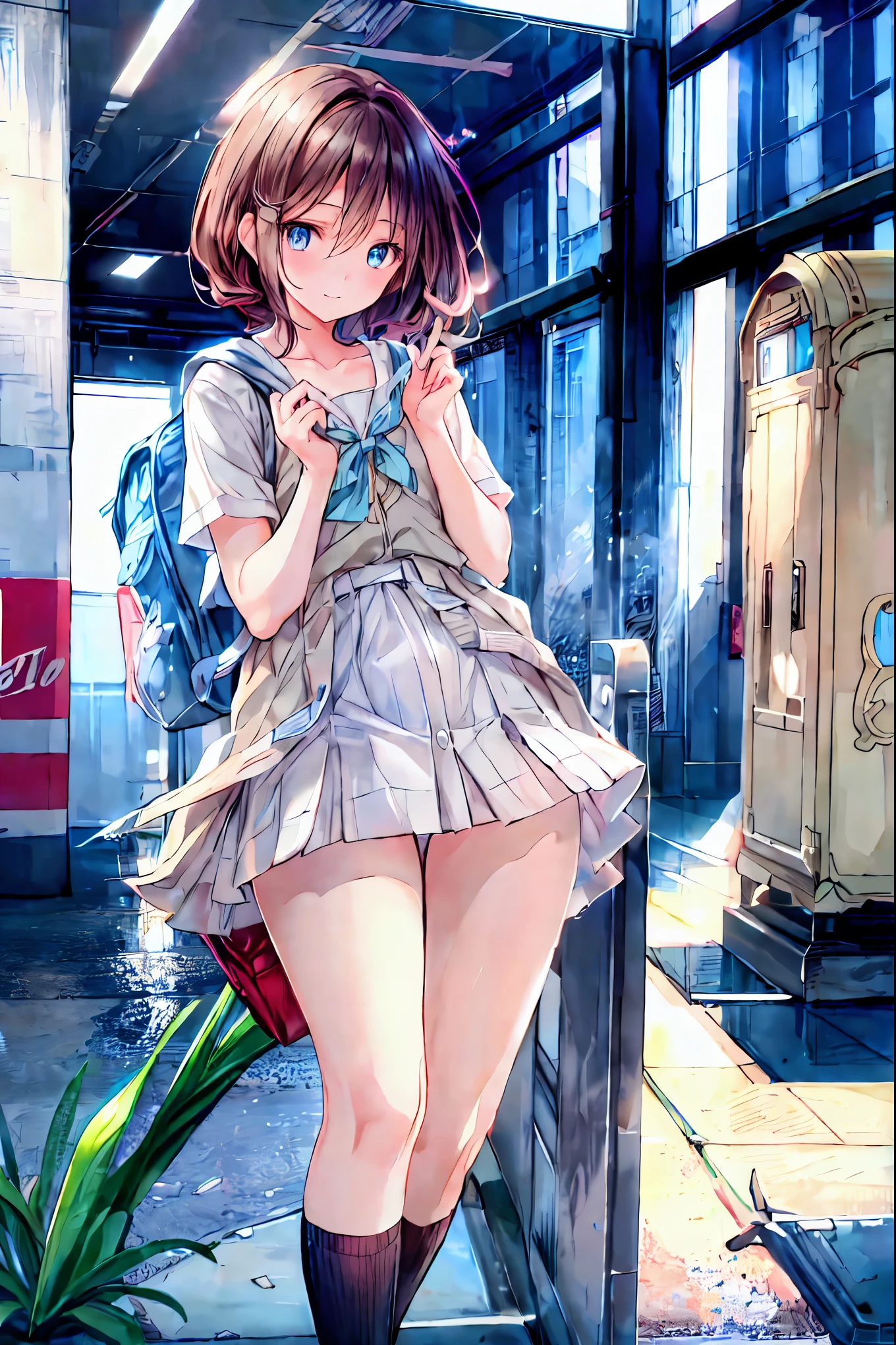  one girl , spring,  High School, , Warm colors,  backpack , Accurate and highly detailed backgrounds, Wearing a uniform々A group of female students with different body types and hairstyles, cute.Brown Hair， shortcut ， unkempt hair，Short braided hair，Neat，Slender beauty，Correct posture，Small chest，Beautiful legs， has enchanting gray-blue eyes shining like stars，Droopy eyes， bright color , beautiful eyes,A delicate smile,Textured Skin, best quality best , gentle and beautiful woman , anime style､