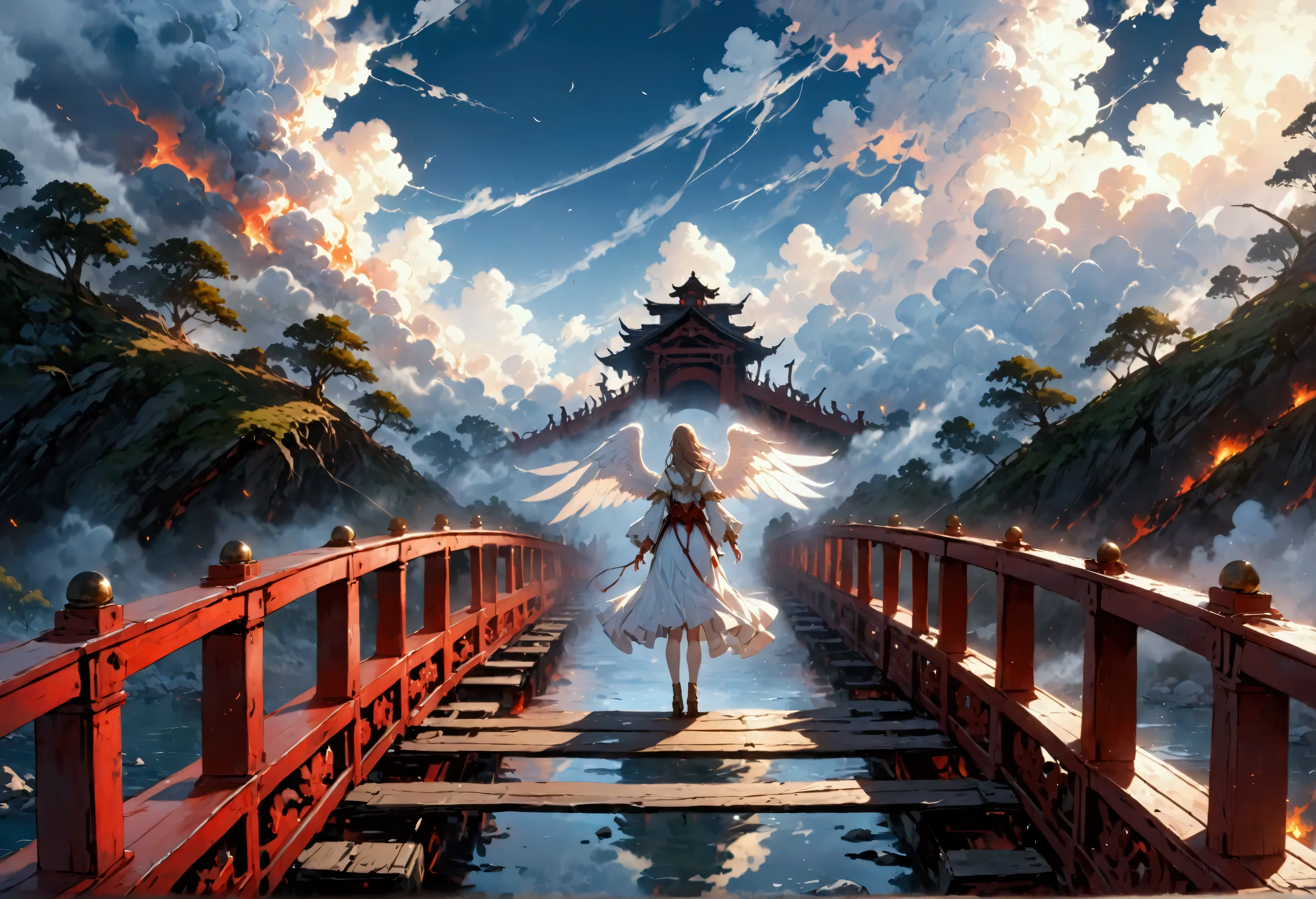 a picture ((a view from the side)), of wooden bridge between hell and heaven, from one side of the bridge inferno of hell and fire, from the other side of the bridge, celestial calm, heavenly clouds,  there is a river under the bridge, mist rising from the river, masking part of the bridge, a female angel stand guard,  best details, best quality, highres, 16k, (ultra detailed: 1.5), masterpiece, best quality, (extremely detailed) RAW, (ultra details, Masterpiece, best quality), 