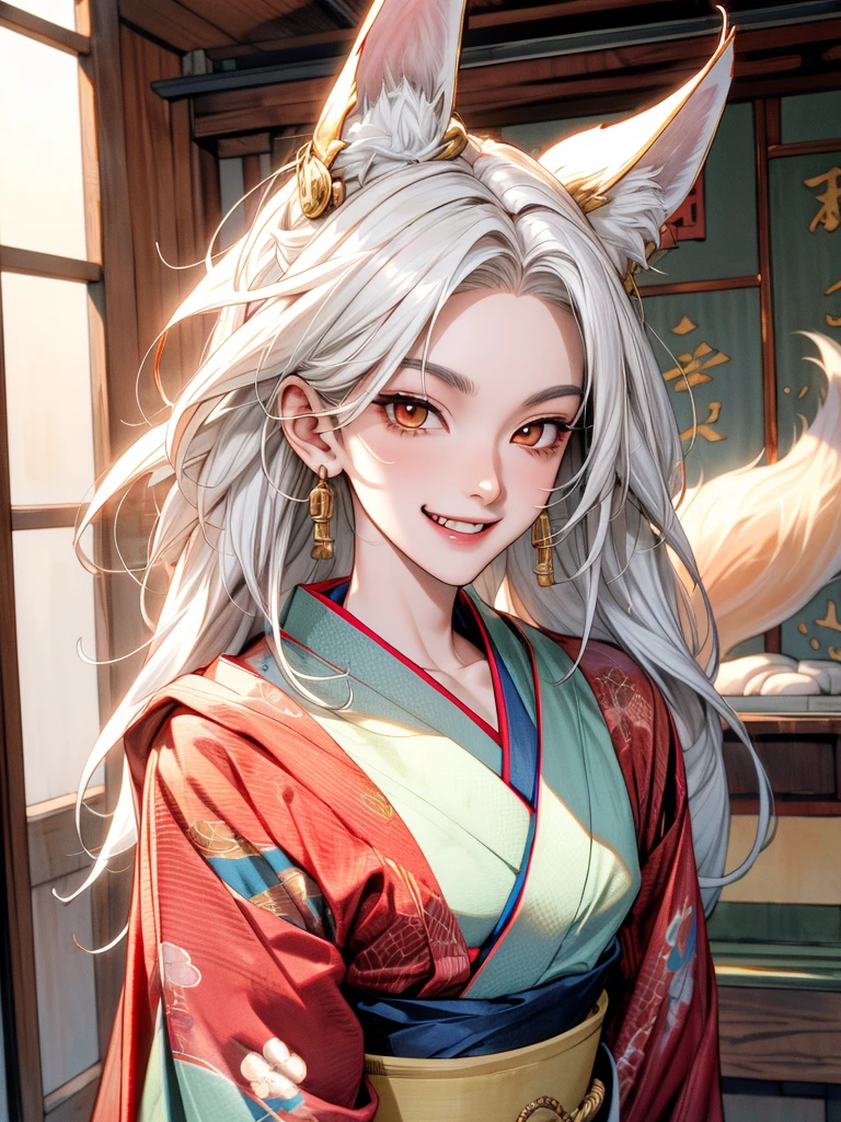 Kistune male with long white hair, have fox white ear, golden vertical eyes, sly smile with fangs, wears a red open kimono, is in front of a shrine, has androgynous face