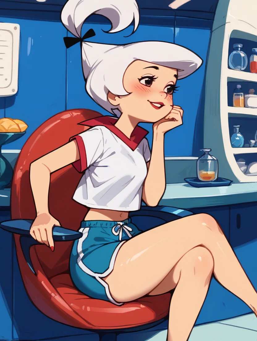  1 ,Alone,  Judy_ Jetson    ,    white hair high ponytail ,    sci-fi furniture    ,   Wear loose white shirt with one shoulder out + light blue dolphin shorts  ,   thick thighs   , Blush, to smile,     sitting on a chair   , legs crossed, feet,    sci-fi set ,perfect anatomy,Sensual, colorful 