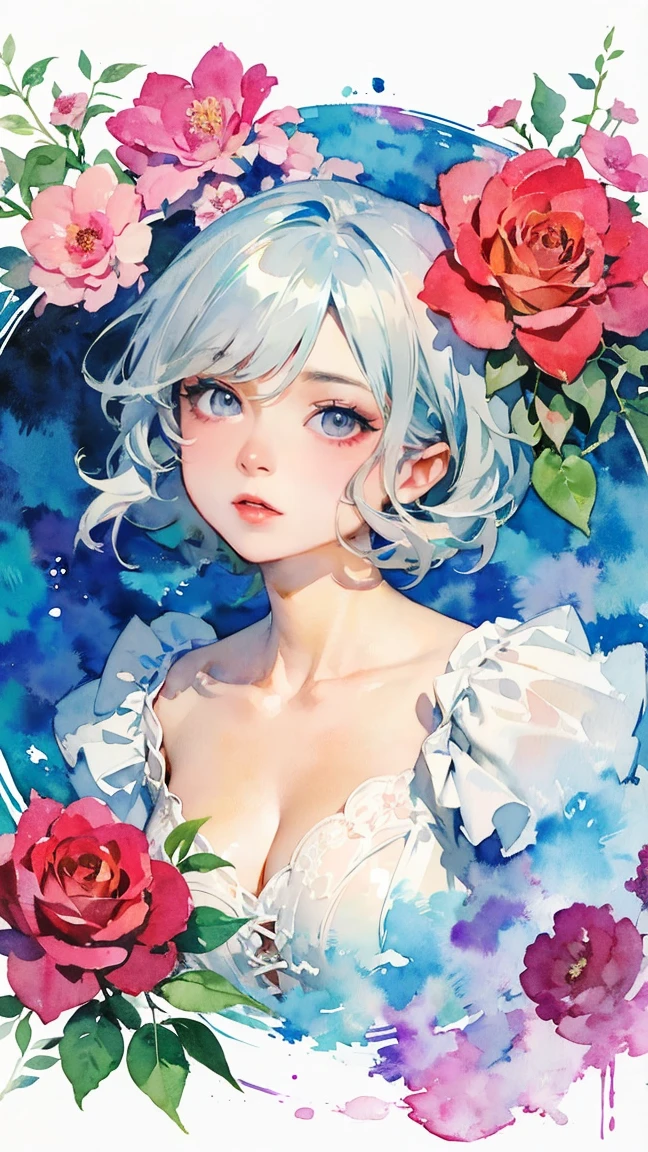 poster,(Watercolor:1.2, Watery Watercolor:1.3, Smudged Watercolor:1.37),((Art Deco,Botanical Art,Flower Art)),(Floral:1.2),Crimson rose flower,
(masterpiece, Highest quality),(Vibrant colors,colorful),(Amazing details,Detailed Background),Anatomically correct,Accurate drawing,Detail View,Sense of luxury,
Perfect , girl, a cute girl, Grey Hair, Grey Eyes,