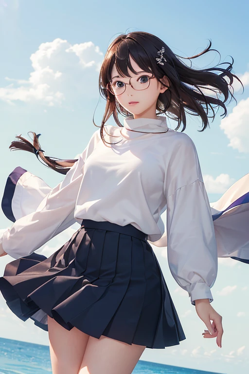 (( best quality)), ((傑 best quality、masterpiece、High sensitivity、 high definition 、詳細な描写、 Delicate Facial Description)), Slender woman、Glasses、 jumper skirt、A strong wind is blowing、Hair gets messy、 turn your skirt over 、