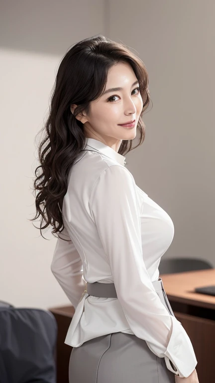 (Best Quality, 8K, 32 k, Masterpiece, Hyper HD:1.2), from back, 47 year old lady，Fine lines on the face，Elegant and feminine，Happy & Charming，(looking up at viewer), A little fat, Grey suit, Grey miniskirt, Open Jacket, Office room, a desk,  (Huge breasts, butt:1.2), detailed and beautiful face, Ponytail Hair, From below, Lift one leg